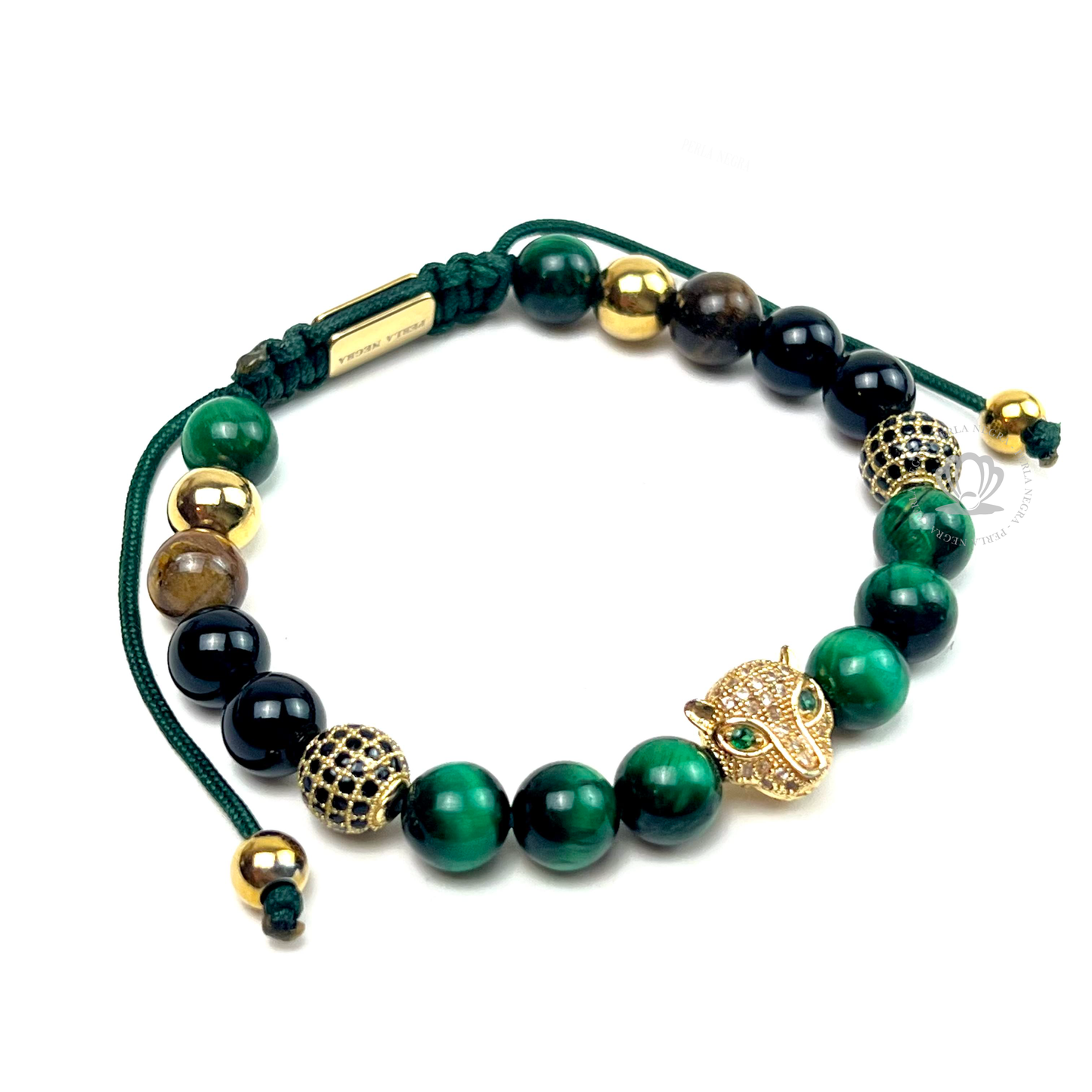 Yellow Gold Jaguar Green Tiger Eye, Black Cz & Agata Bracelet