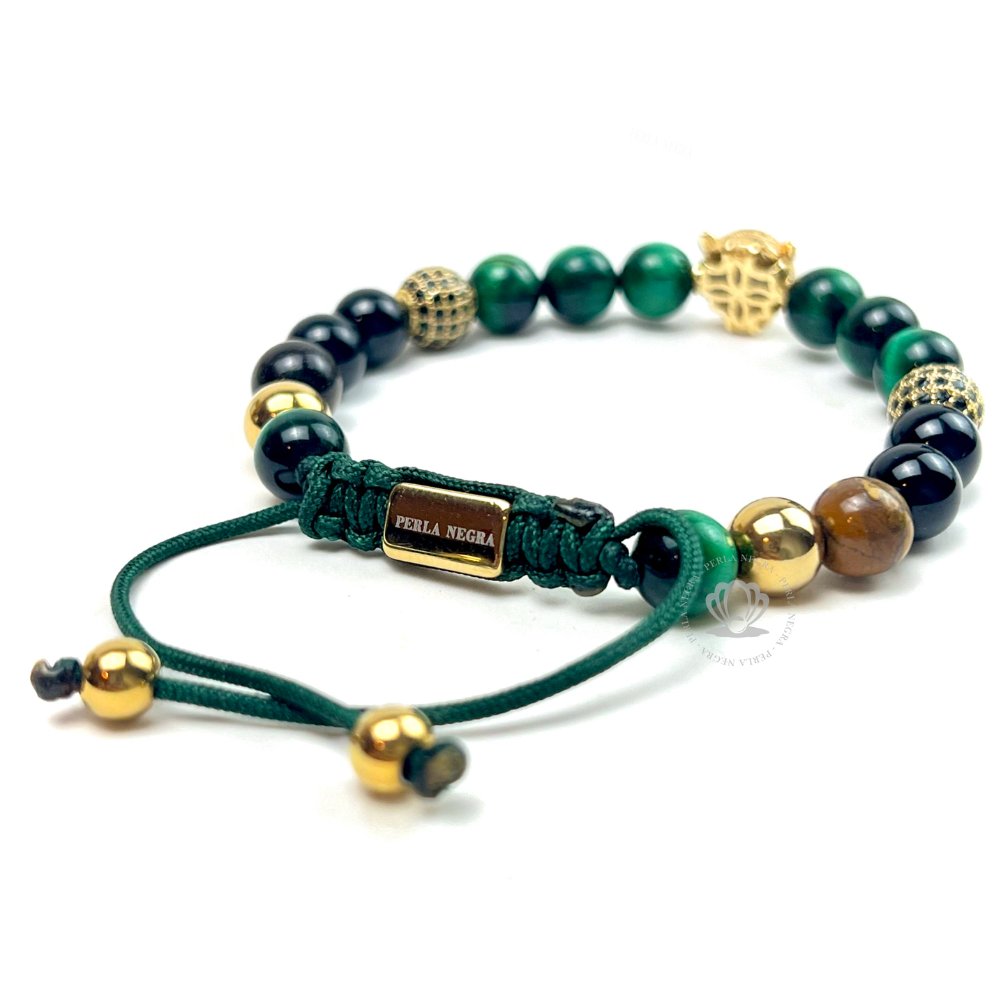 Yellow Gold Jaguar Green Tiger Eye, Black Cz & Agata Bracelet