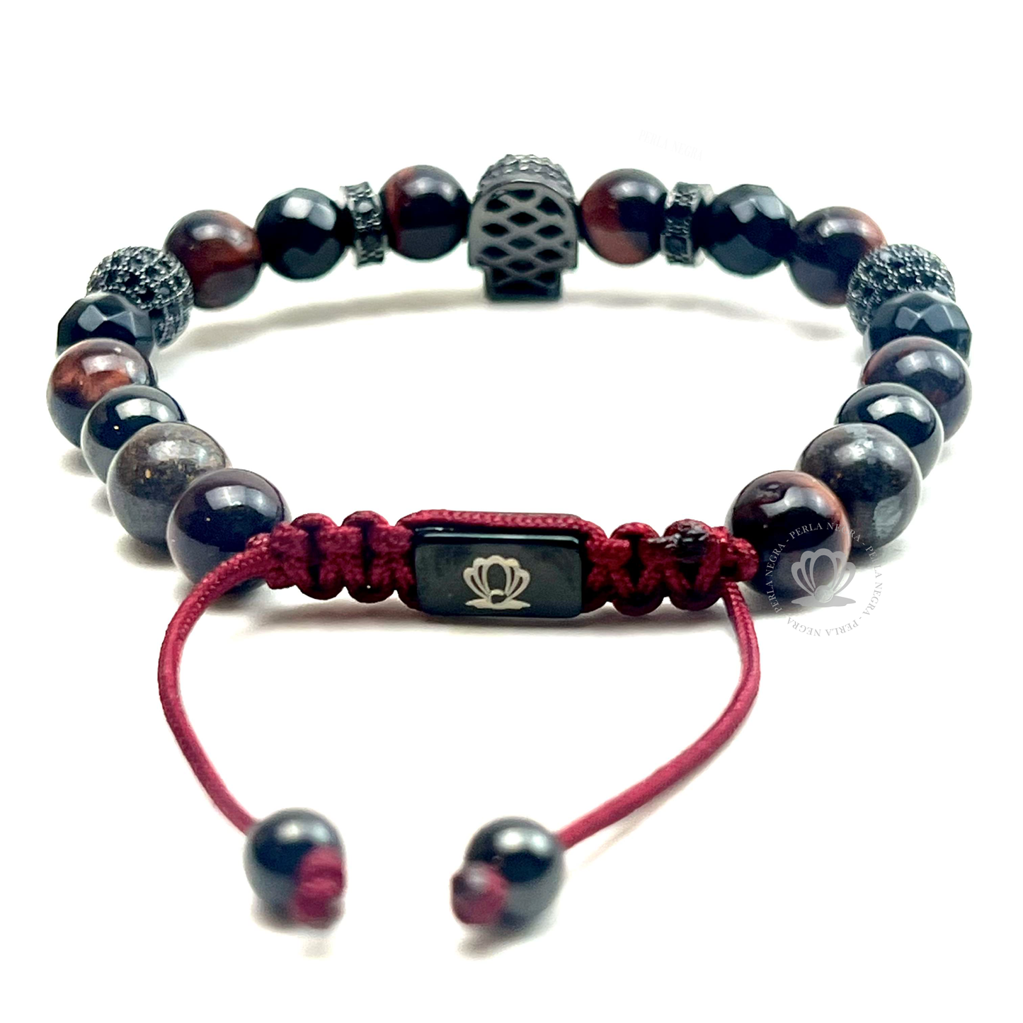 Rhodium Skull Black Cz, Red Tiger Eye & Agata Bracelet