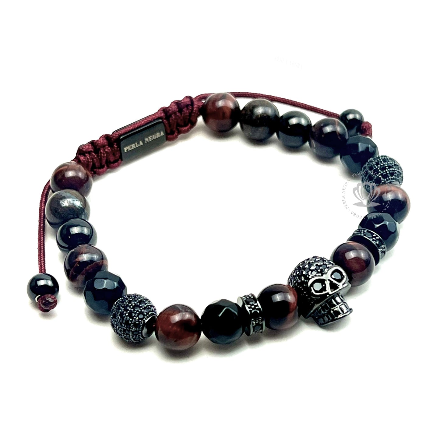 Ruthenium Skull Black Cz, Red Tiger Eye & Agata Bracelet