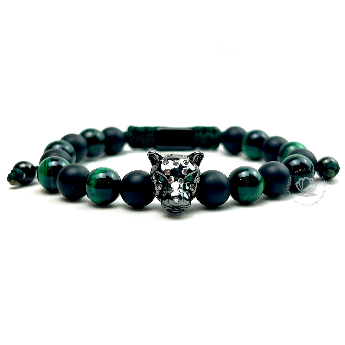 Rhodium Cz Jaguar & Green Tiger Eye Bracelet