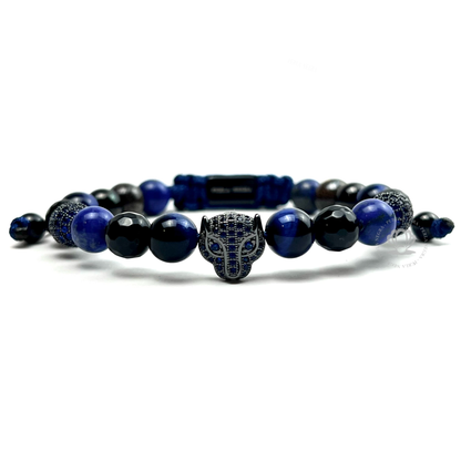 Rhodium Jaguar Blue Cz, Blue Tiger Eye & Agata Bracelet