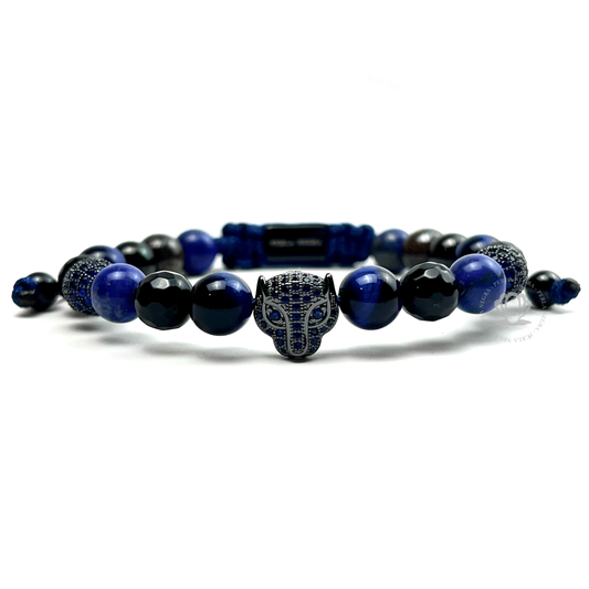 Rhodium Jaguar Blue Cz, Blue Tiger Eye & Agata Bracelet