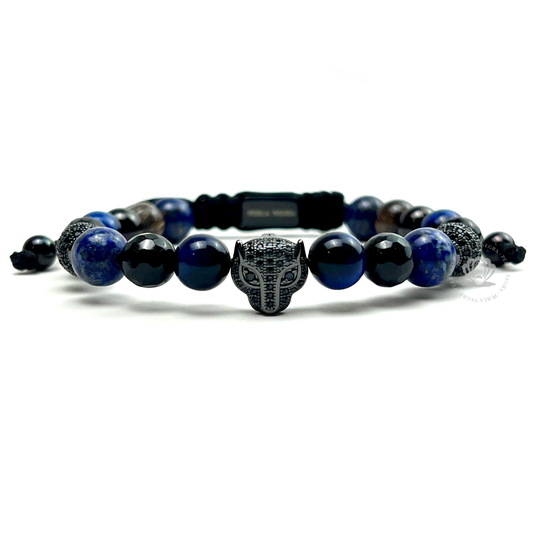 Rhodium Jaguar Black Cz, Blue Tiger Eye & Agata Bracelet