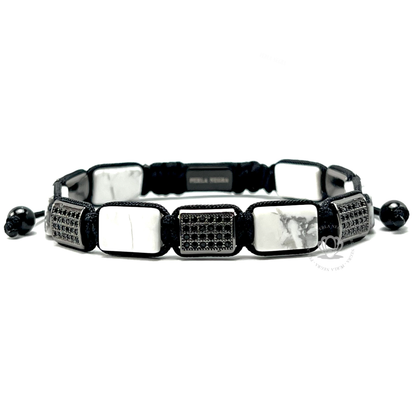 White Howlite, Rhodium & Black Cz Rectangule Bracelet