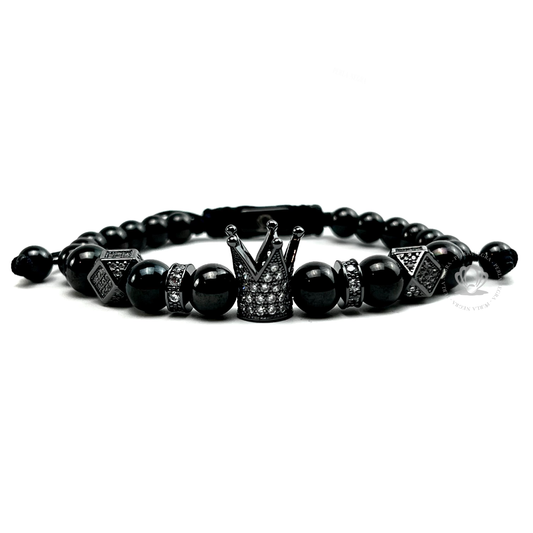 Rhodium Cz Crown & Rhodium Stainless Steel Beads Bracelet