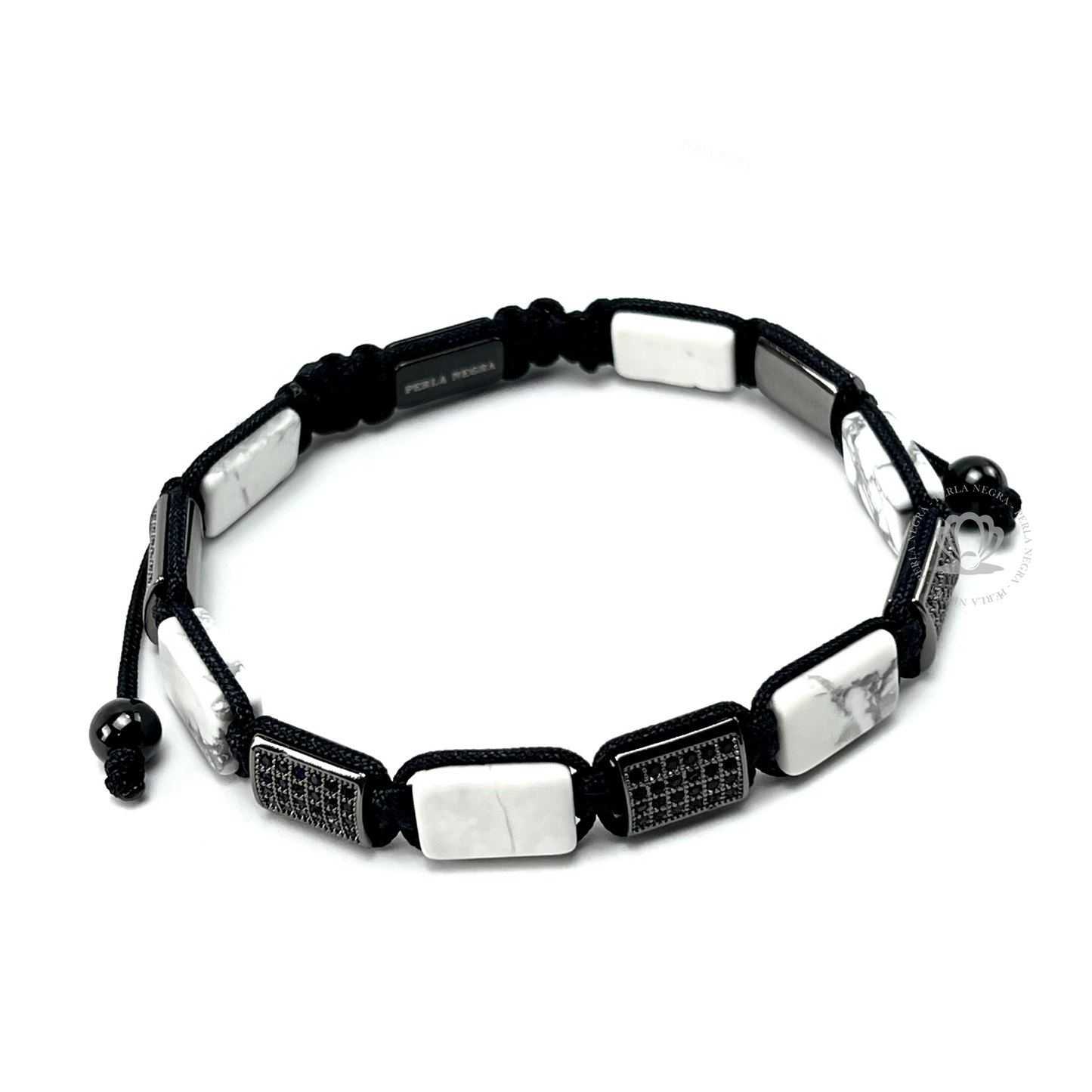 White Howlite, Rhodium & Black Cz Rectangule Bracelet