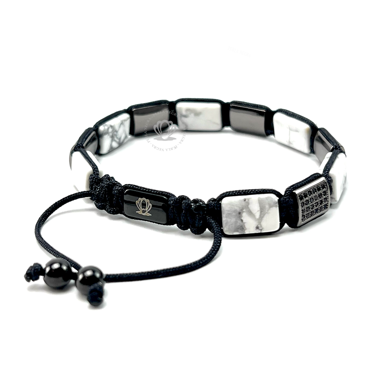 White Howlite, Rhodium & Black Cz Rectangule Bracelet