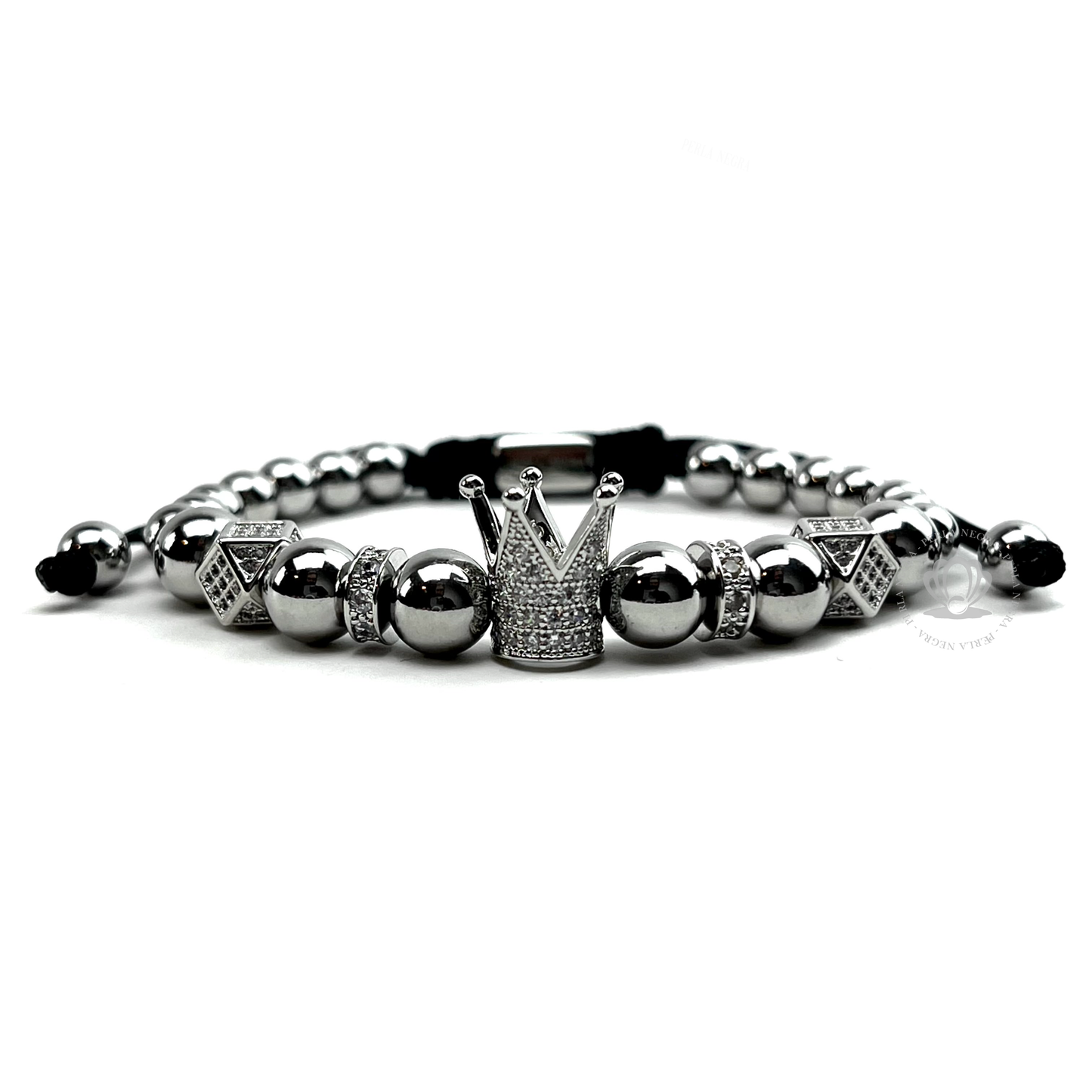 White Gold Cz Crown & Silver Stainless Steel Beads Bracelet