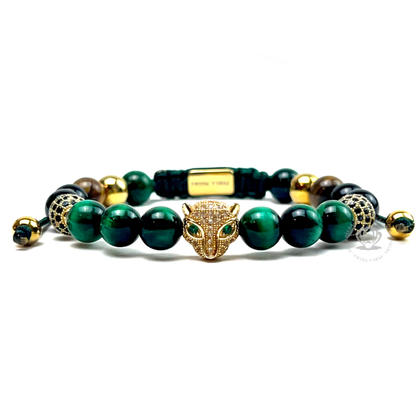 Yellow Gold Jaguar Green Tiger Eye, Black Cz & Agata Bracelet