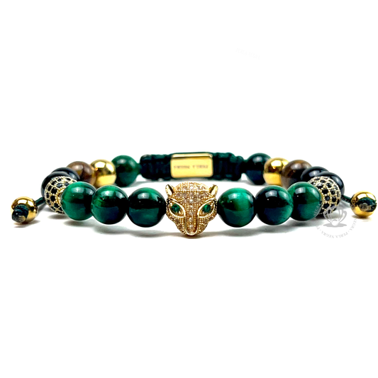 Yellow Gold Jaguar Green Tiger Eye, Black Cz & Agata Bracelet