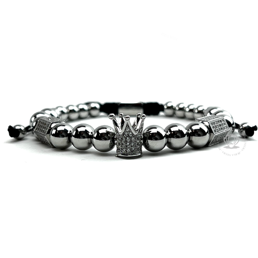 White Gold Cz Crown & Silver Stainless Steel Beads