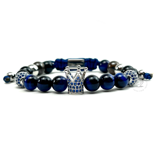 White Gold Cz Crown, Blue Tiger Eye Bracelet