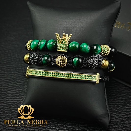 Yellow Gold Cz Crown, Green Tiger Eye &  Green Cz Curved Combination