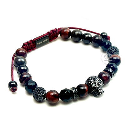 Rhodium Skull Black Cz, Red Tiger Eye & Agata Bracelet
