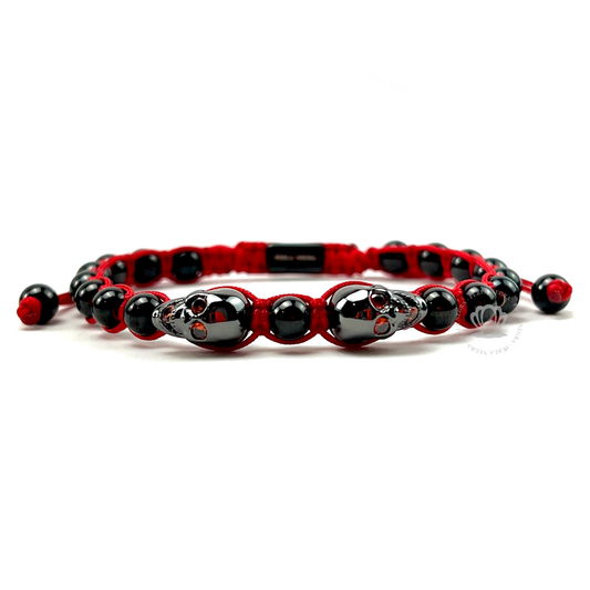 Rhodium Double Skull Red Cz Bracelet