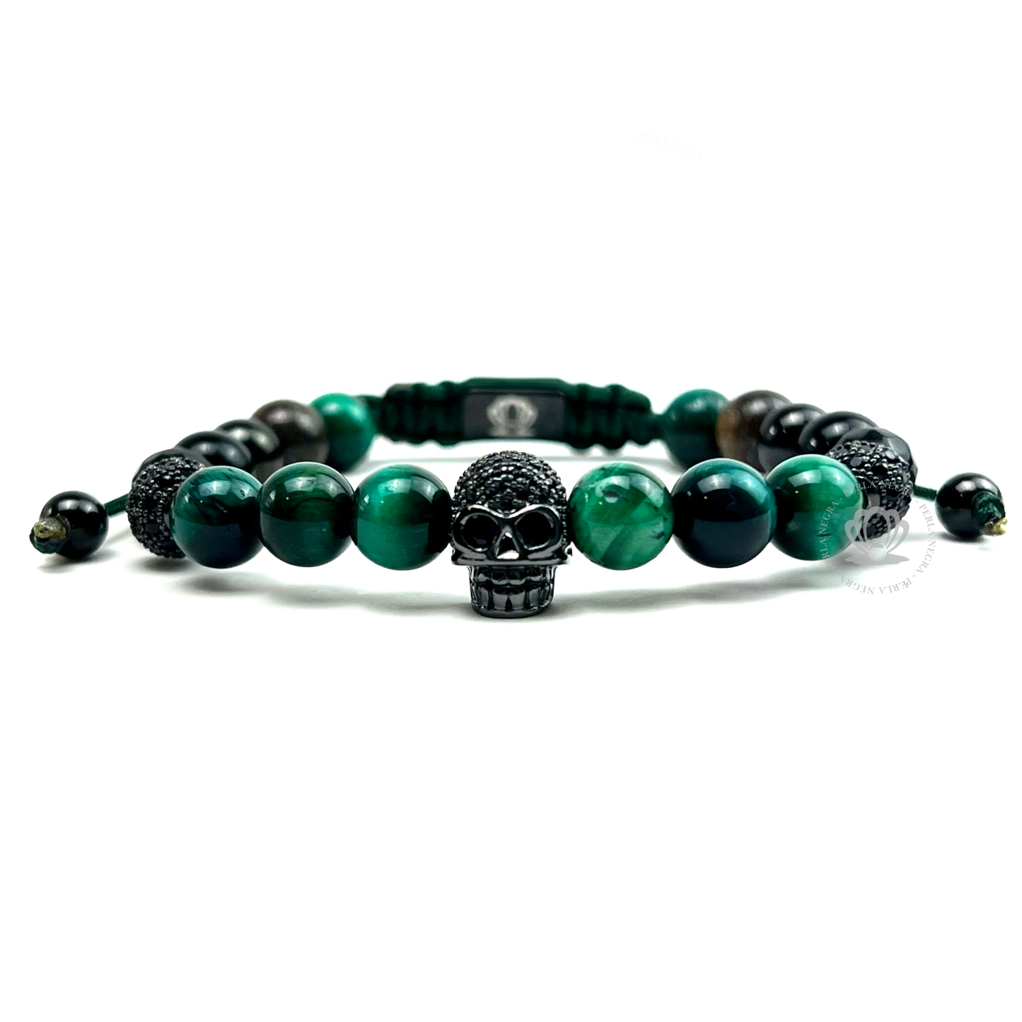 Rhodium Cz Skull, Green Tiger Eye Bracelet