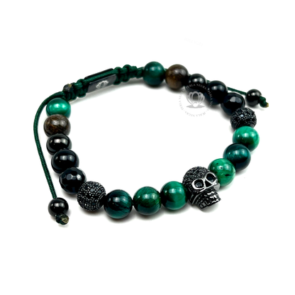 Rhodium Cz Skull, Green Tiger Eye Bracelet