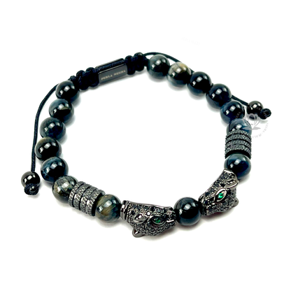 Rhodium Jaguar & Natural Blue Tiger Eye Stone Beads Bracelet