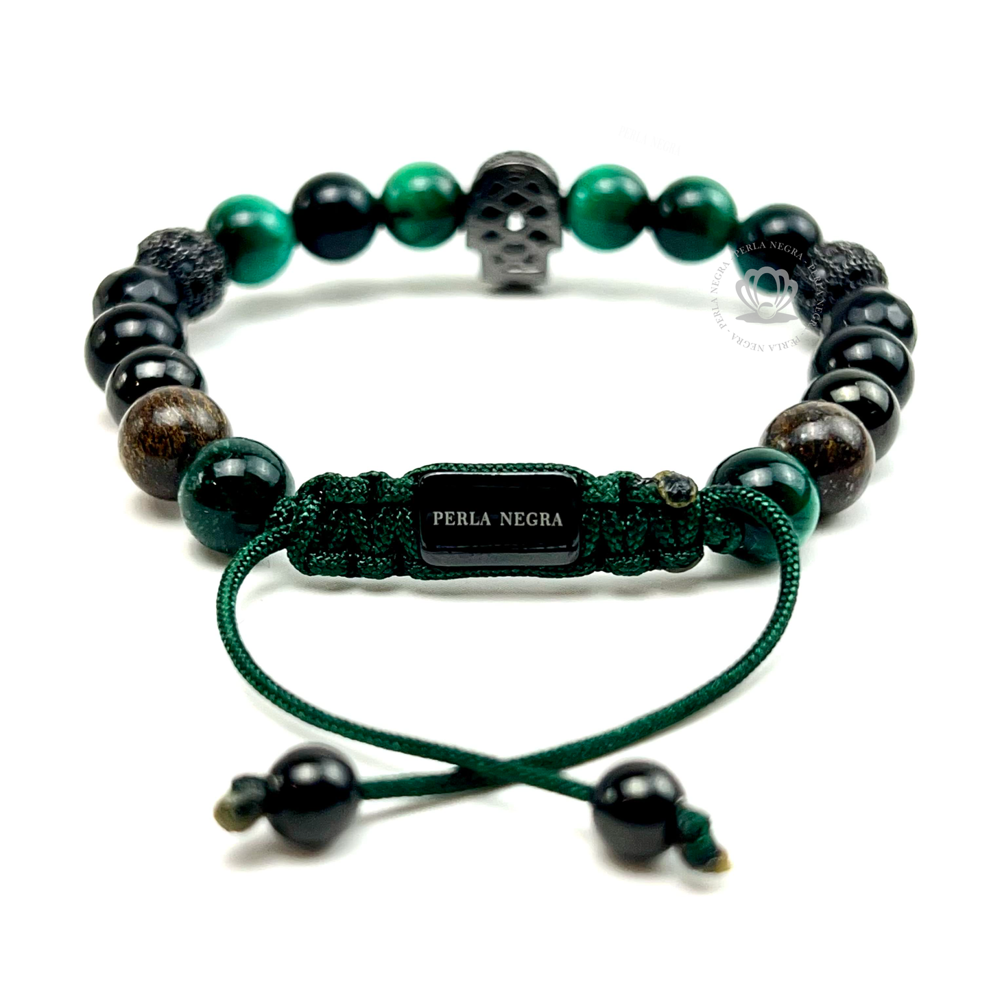 Rhodium Cz Skull, Green Tiger Eye Bracelet