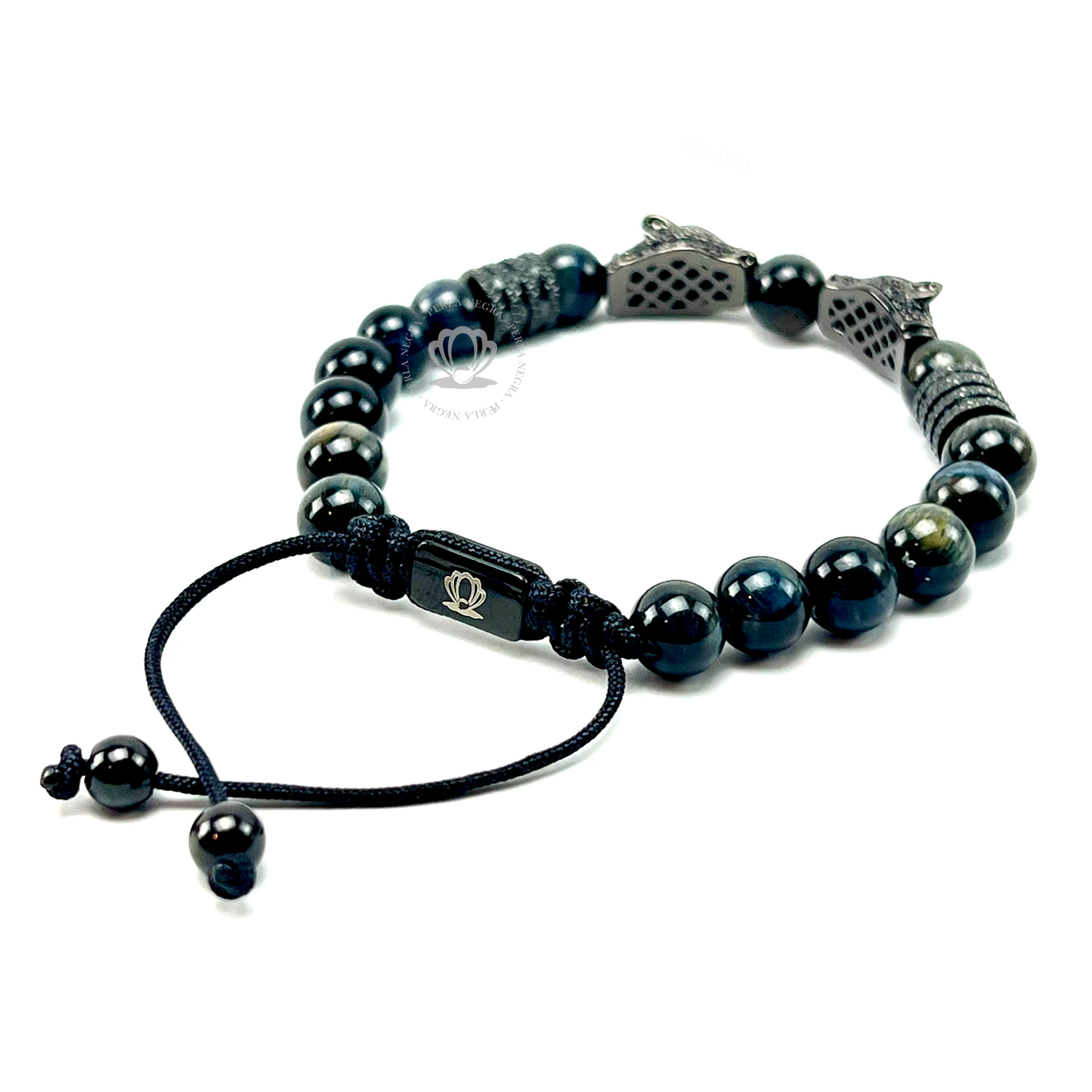 Rhodium Jaguar & Natural Blue Tiger Eye Stone Beads Bracelet