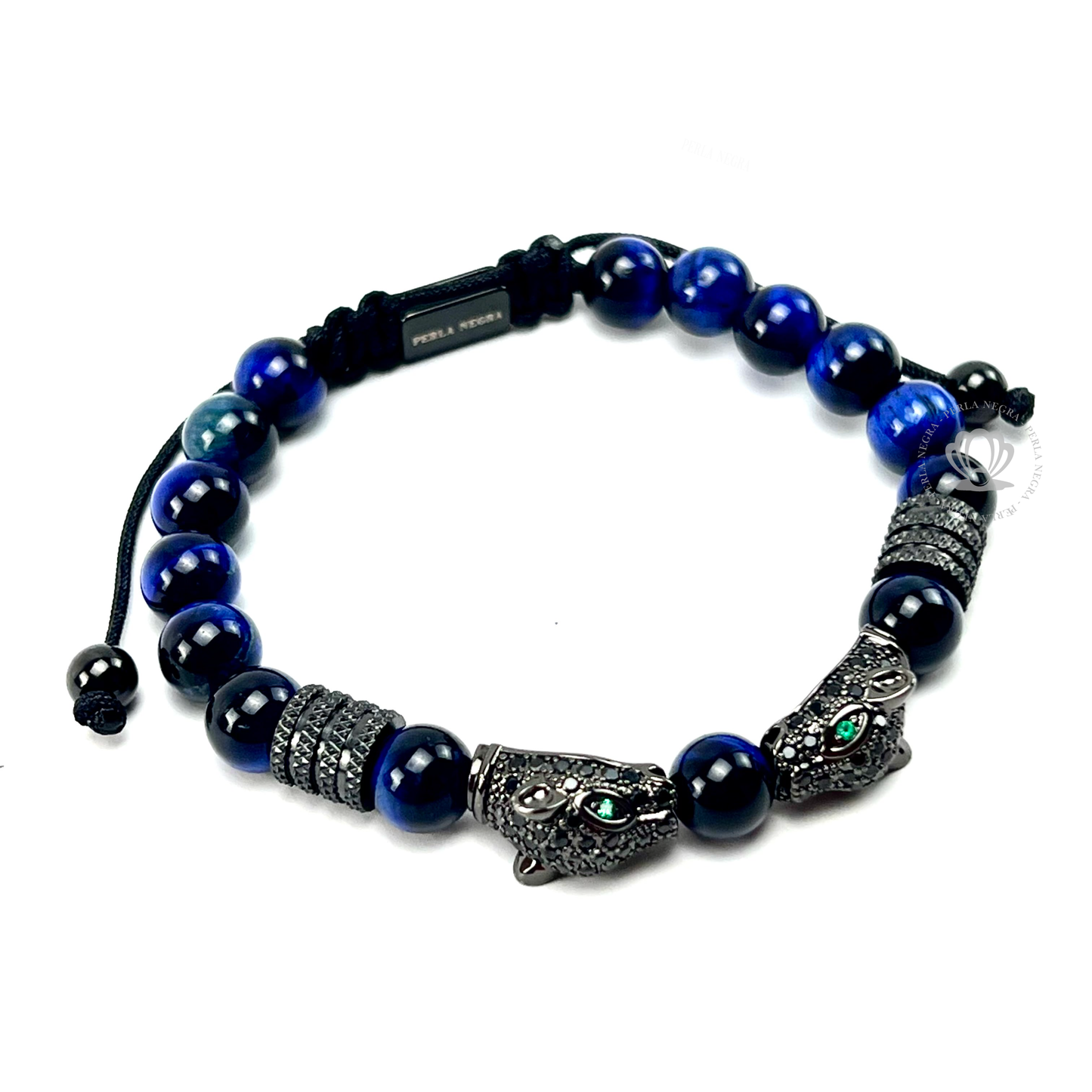 Rhodium Jaguar & Blue Tiger Eye Beads Bracelet