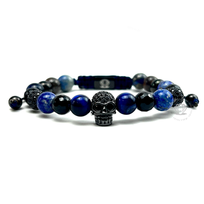 Rhodium Skull Black Cz, Blue Tiger Eye & Agata Bracelet