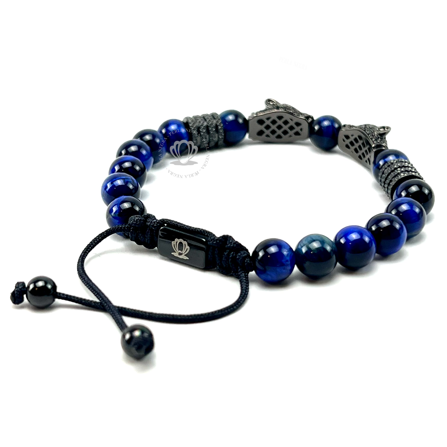 Rhodium Jaguar & Blue Tiger Eye Beads Bracelet