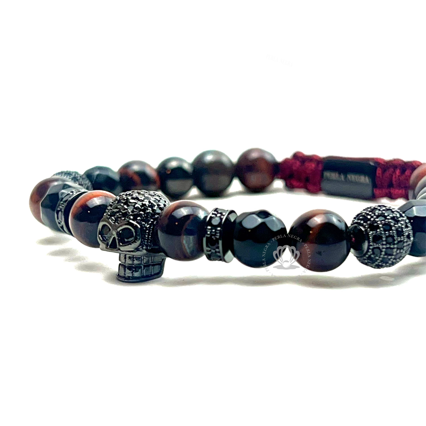 Rhodium Skull Black Cz, Red Tiger Eye & Agata Bracelet