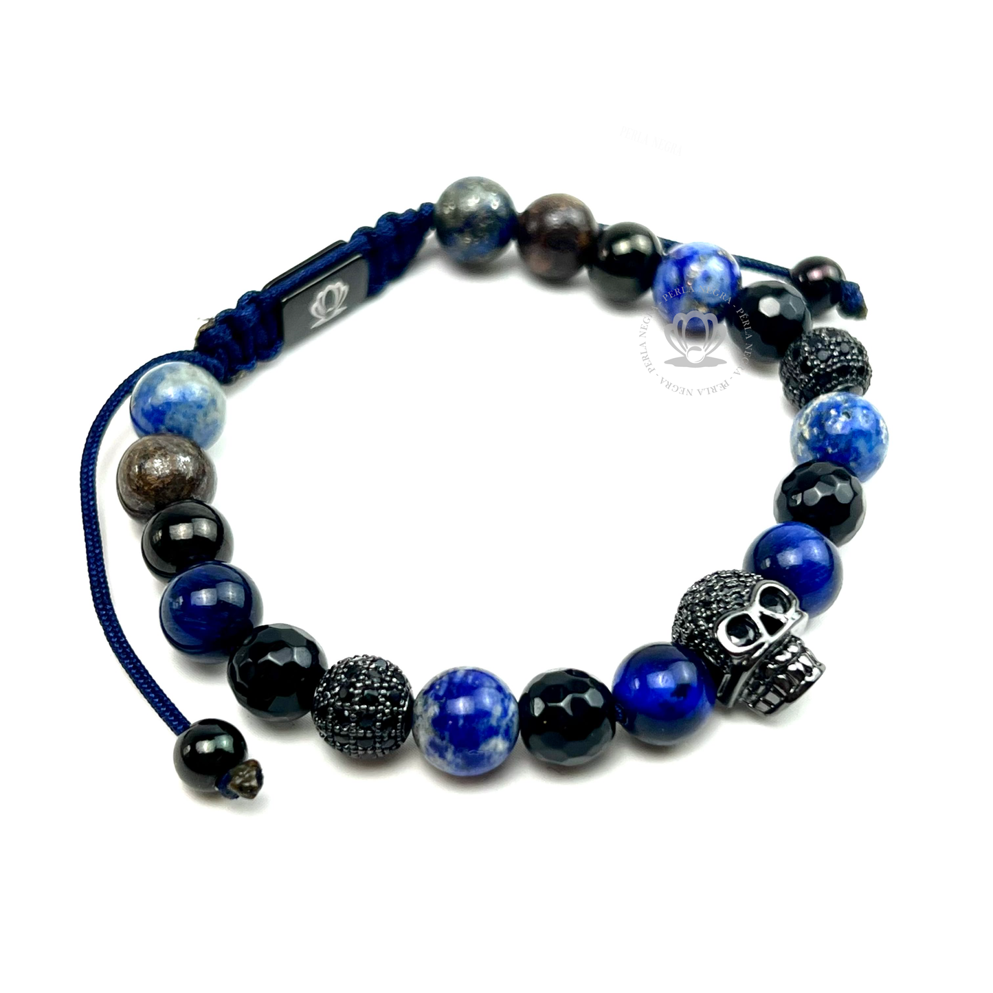 Rhodium Skull Black Cz, Blue Tiger Eye & Agata Bracelet