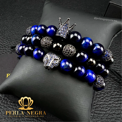 Rhodium Cz Crown, Rhodium Jaguar & Blue Tiger Eye Combination