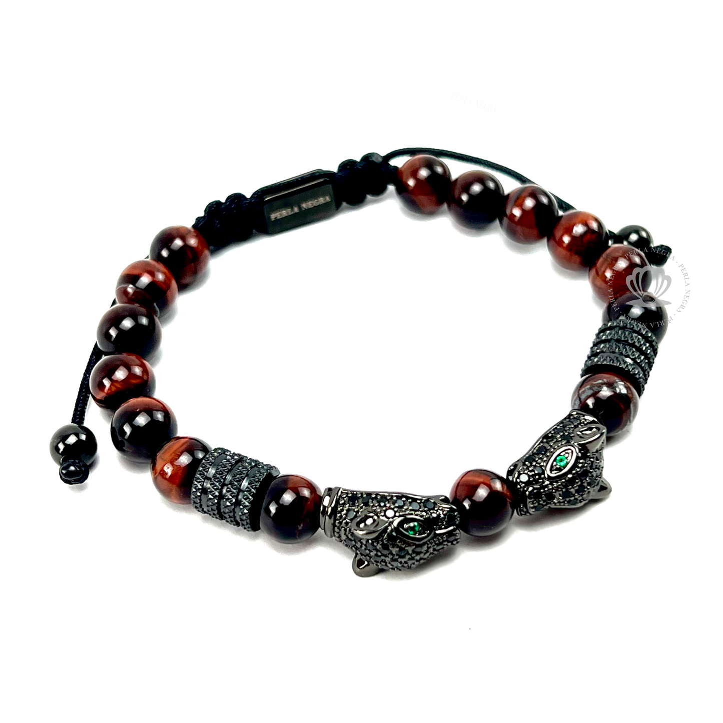 Rhodium Jaguar & Red Tiger Eye Beads Bracelet