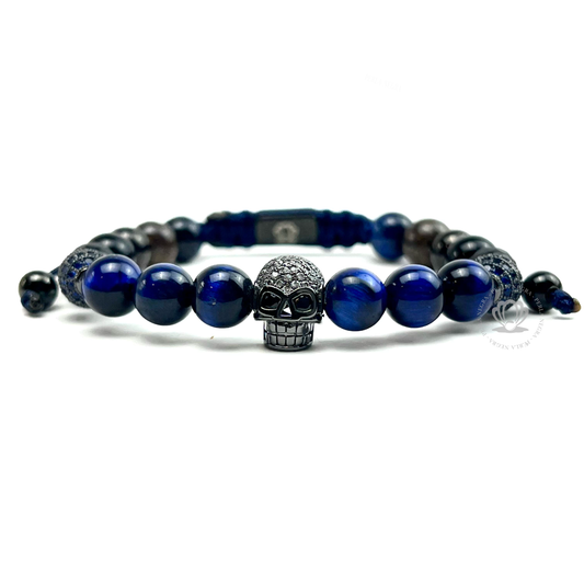 Rhodium Cz Skull, Blue Tiger Eye Bracelet