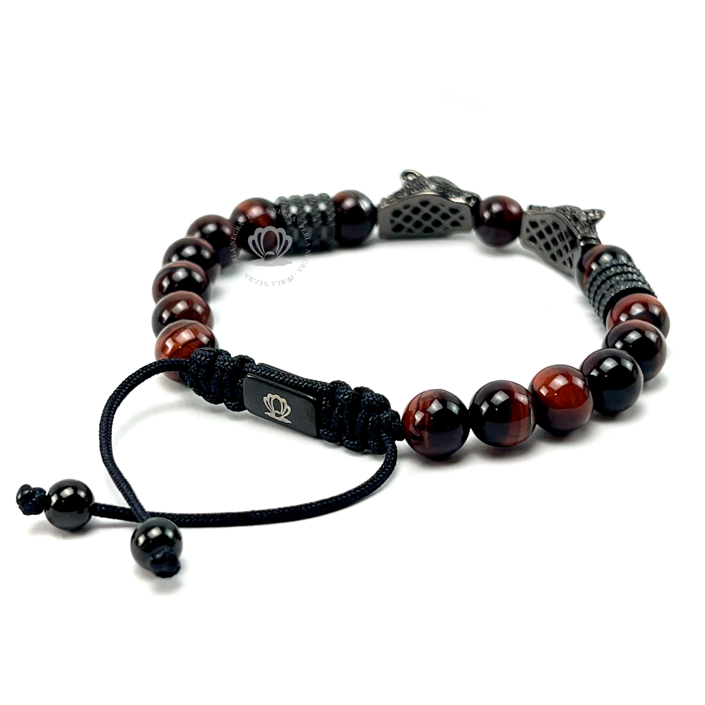 Rhodium Jaguar & Red Tiger Eye Beads Bracelet