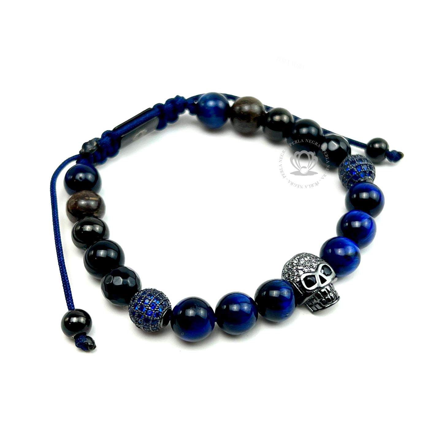 Rhodium Cz Skull, Blue Tiger Eye Bracelet