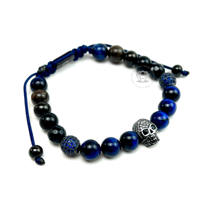 Rhodium Cz Skull, Blue Tiger Eye Bracelet