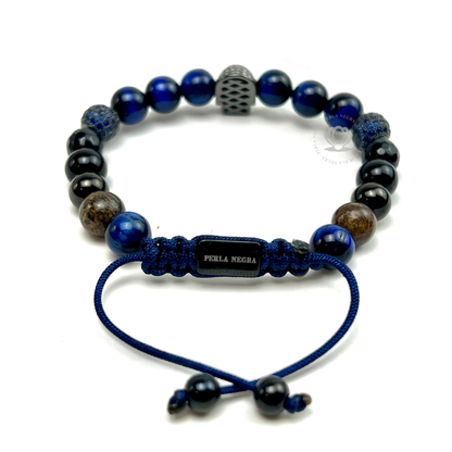 Rhodium Cz Skull, Blue Tiger Eye Bracelet