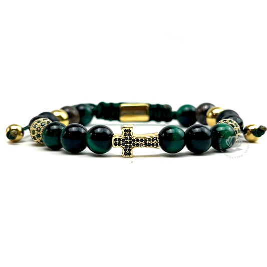 Gold Cz Cross & Green Tiger Eye Bracelet