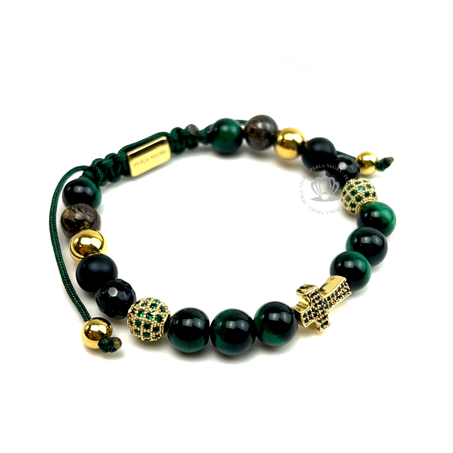 Gold Cz Cross & Green Tiger Eye Bracelet