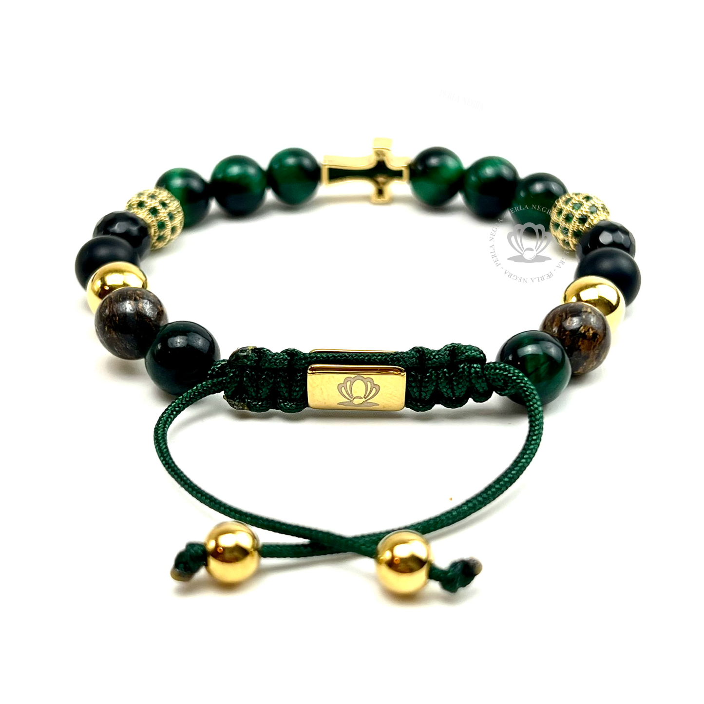 Gold Cz Cross & Green Tiger Eye Bracelet