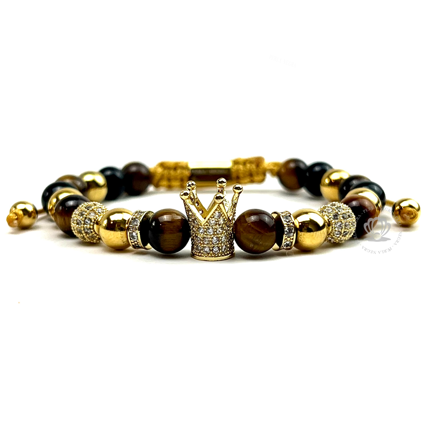 Gold Cz Crown, Brown Tiger Eye & Onyx Bracelet