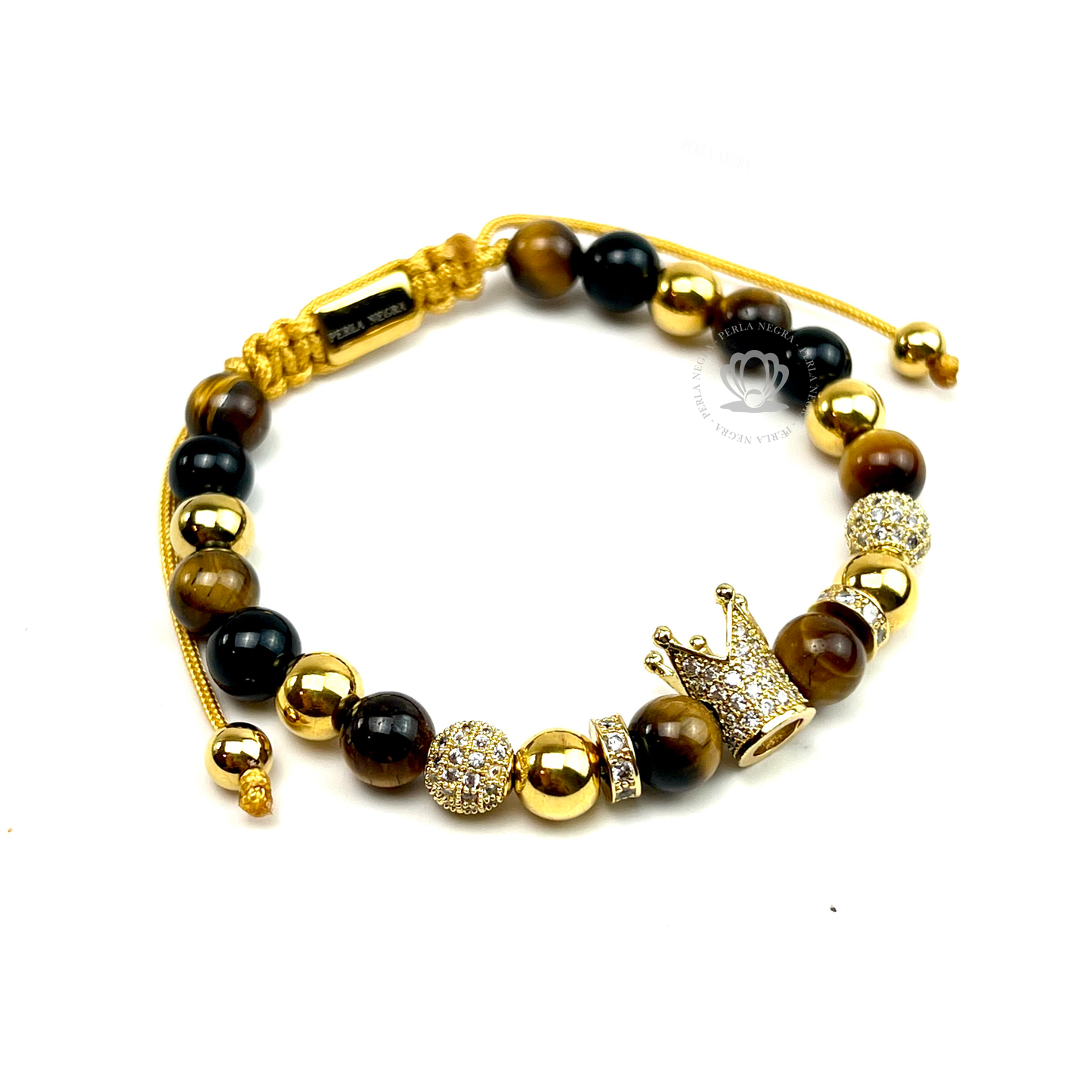 Gold Cz Crown, Brown Tiger Eye & Onyx Bracelet