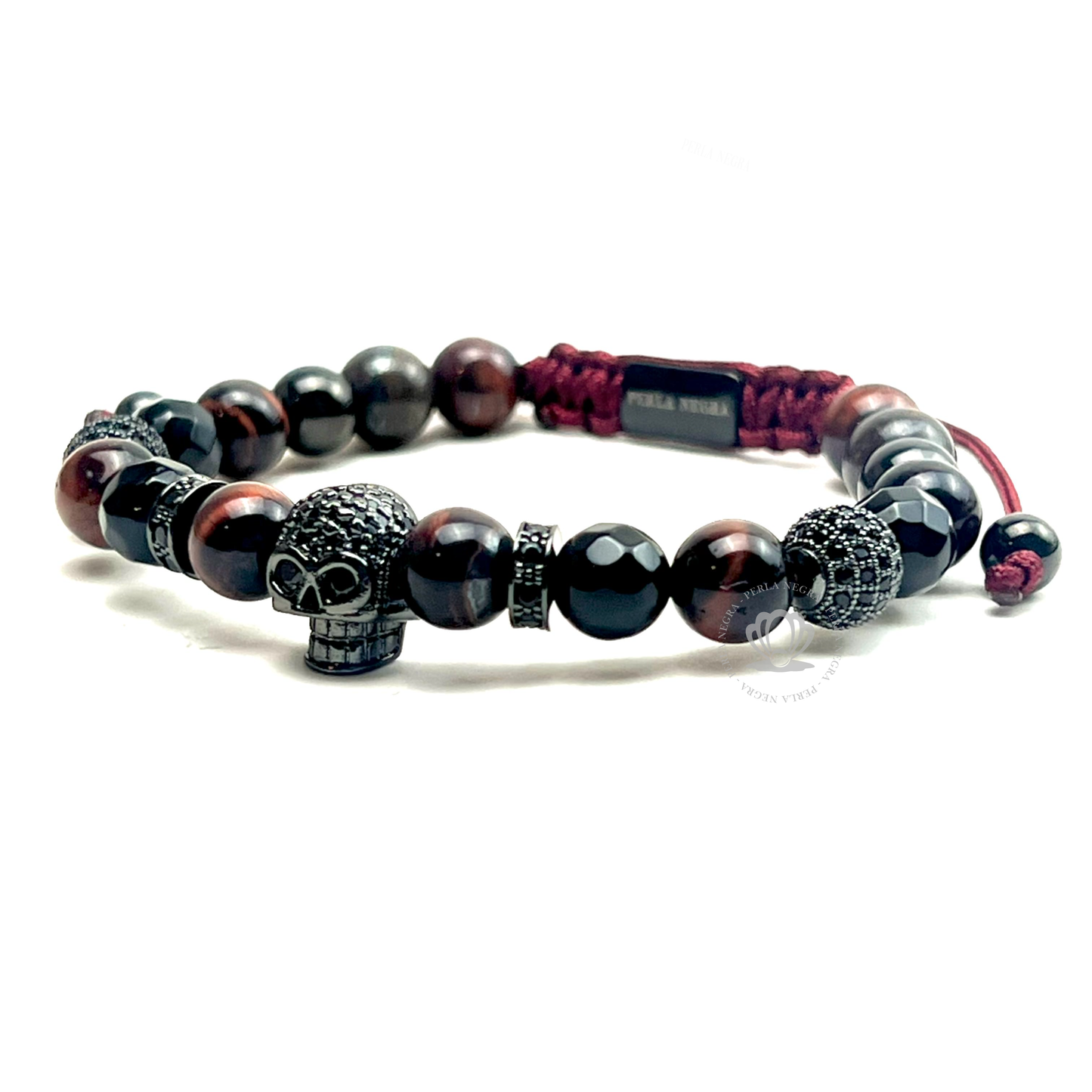 Rhodium Skull Black Cz, Red Tiger Eye & Agata Bracelet