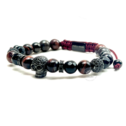 Rhodium Skull Black Cz, Red Tiger Eye & Agata Bracelet