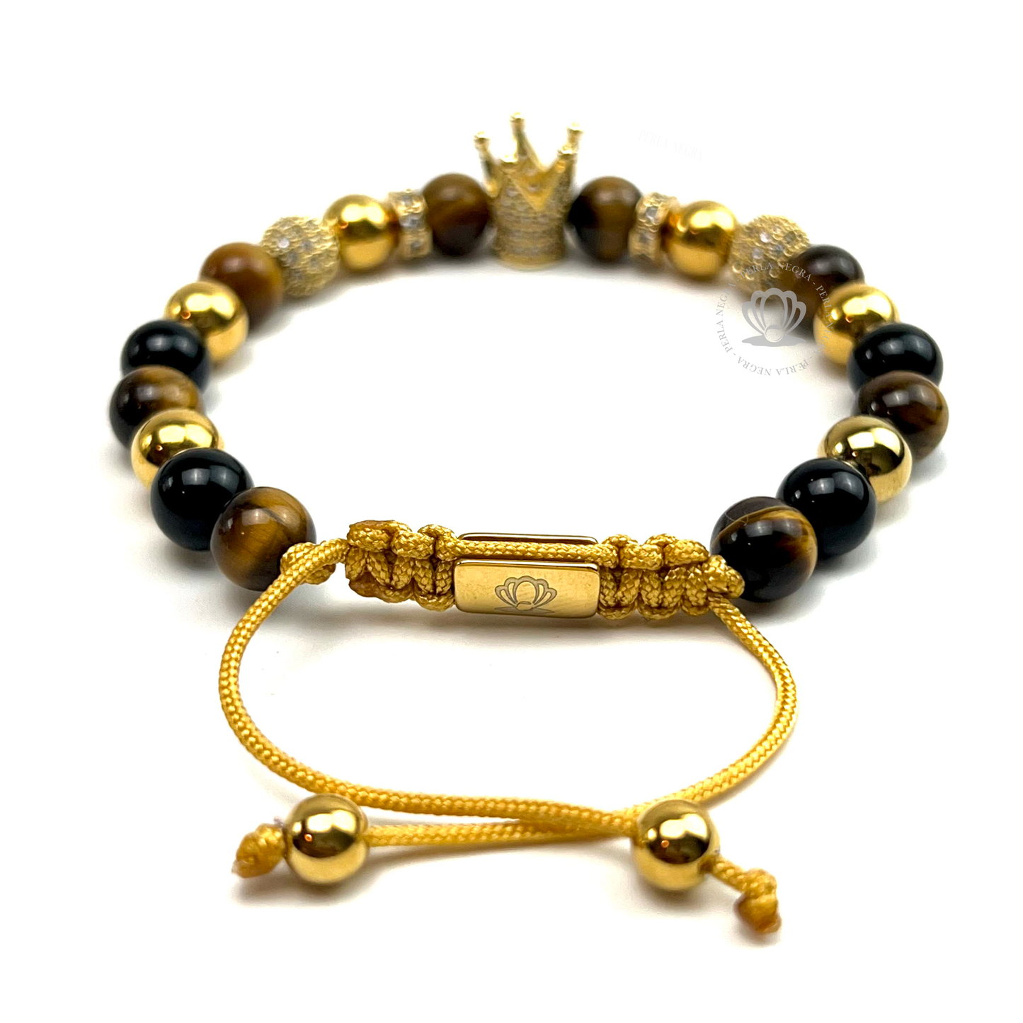 Gold Cz Crown, Brown Tiger Eye & Onyx Bracelet