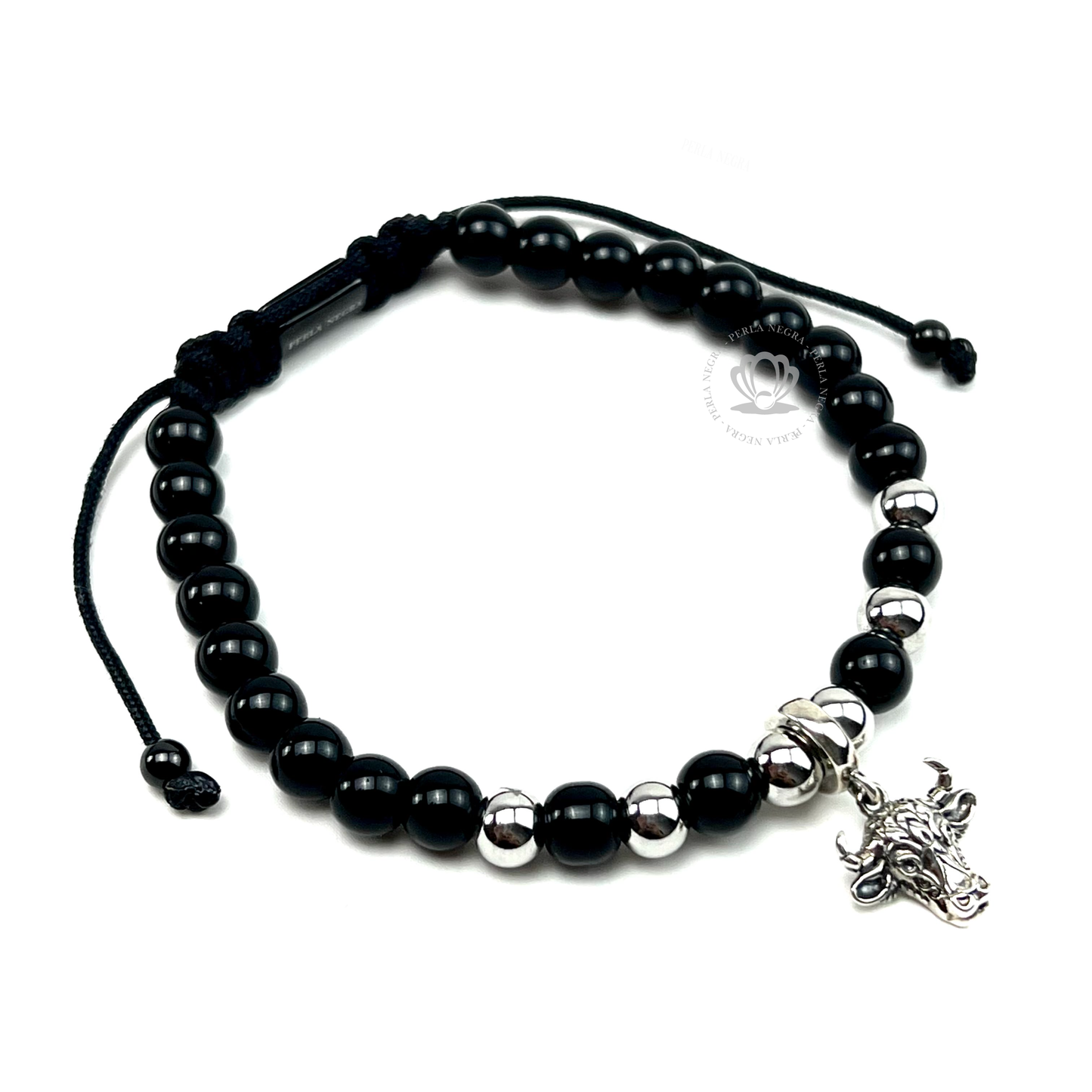 Silver Bull, Onyx & Silver Beads Bracelet