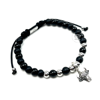 Silver Bull, Onyx & Silver Beads Bracelet