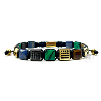 Malachite, Brown Tiger Eye, Yellow Gold & Rhodium Cz Square Bracelet