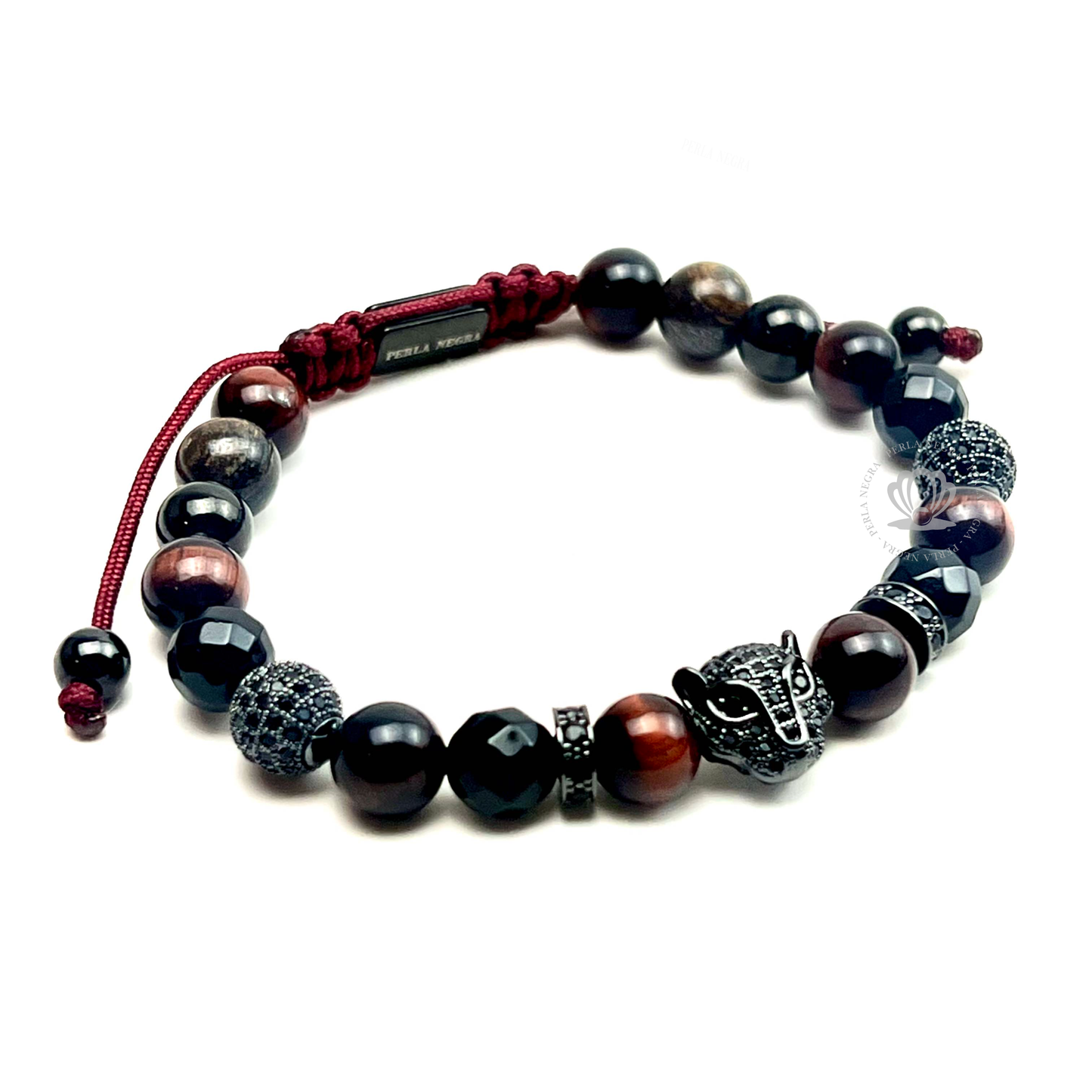Rhodium Jaguar Black Cz, Red Tiger Eye & Agata Bracelet