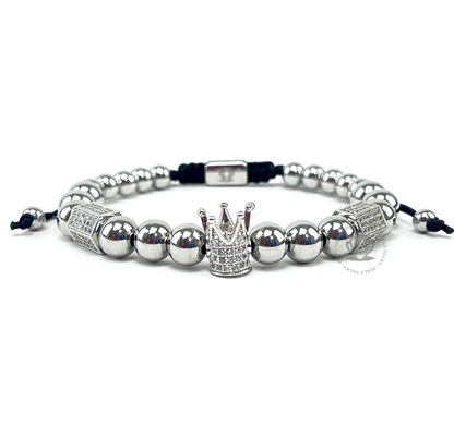 White Gold Cz Skull, White Gold Crown & Blue Tiger Eye Beads Combination